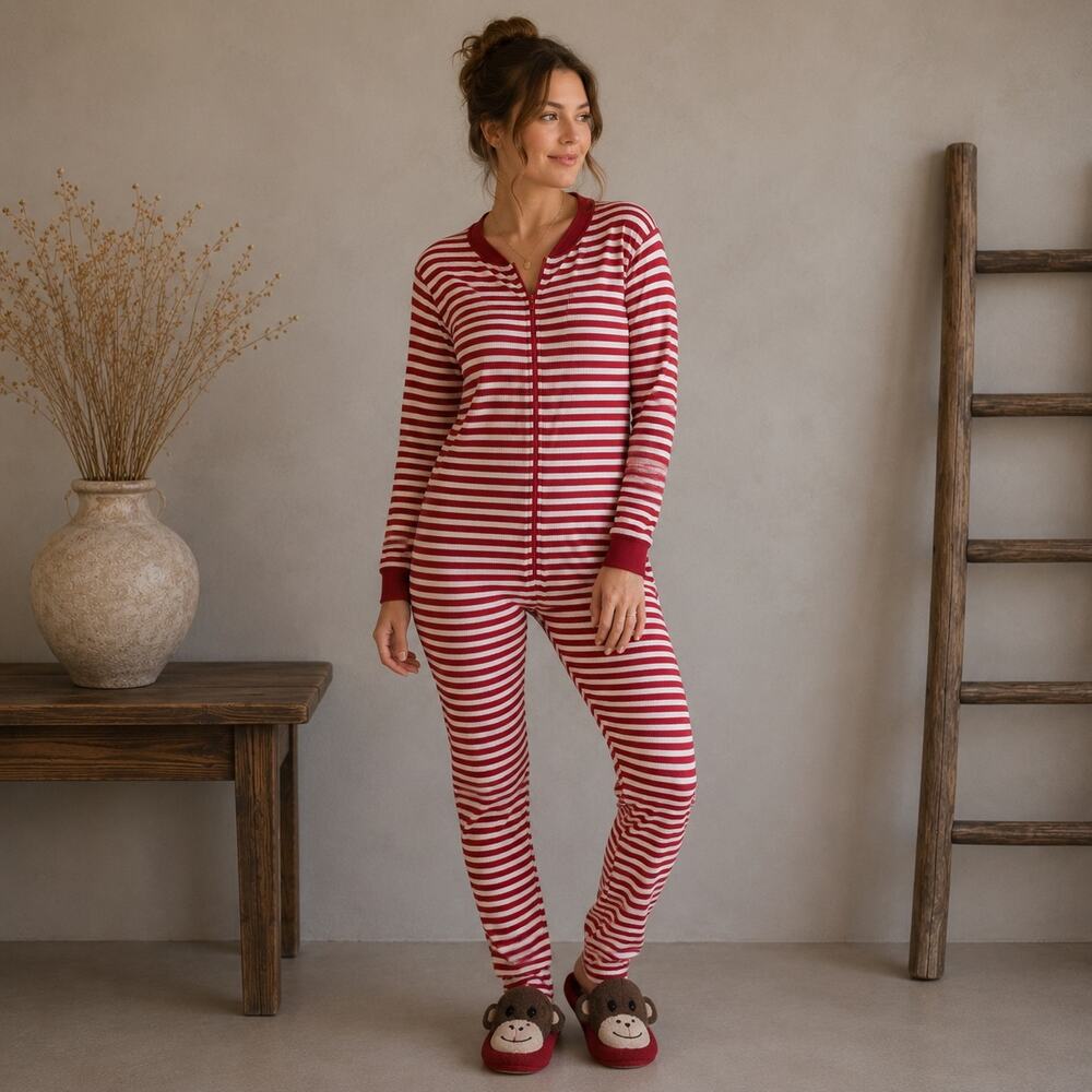 Nick & Nora Red & White Sock Monkey Footed PJ's Small